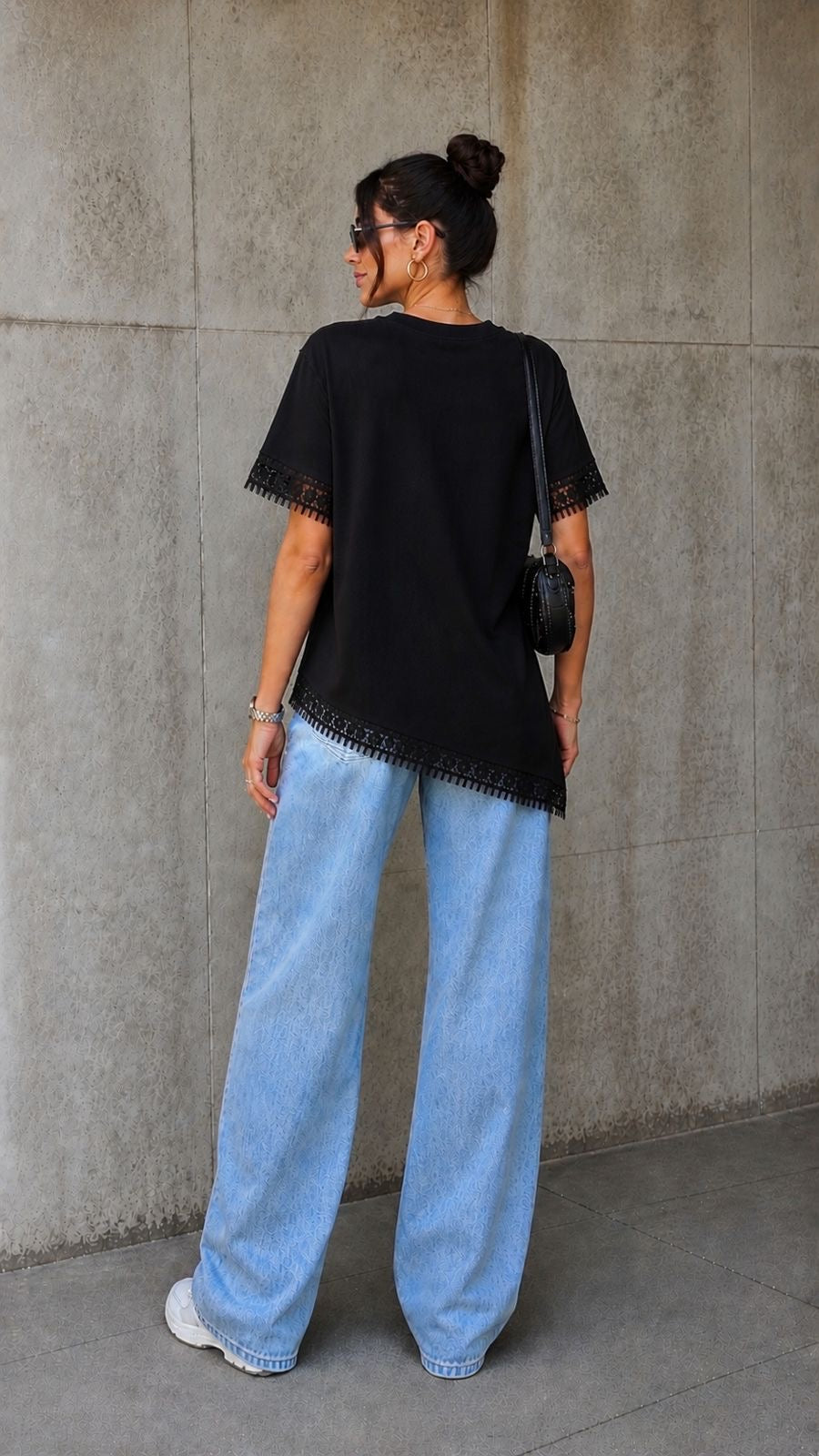 Black Asymmetric Lace Hem Tee