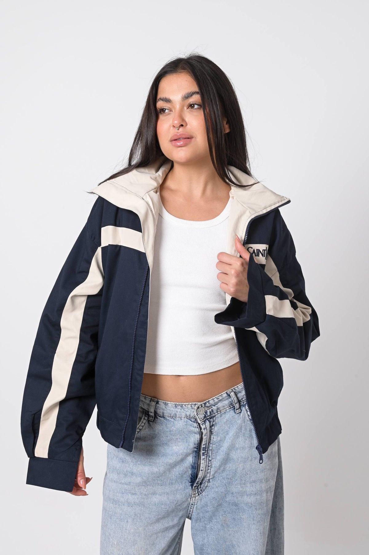 Navy Blue Contrast Stripe Zip-Up Jacket