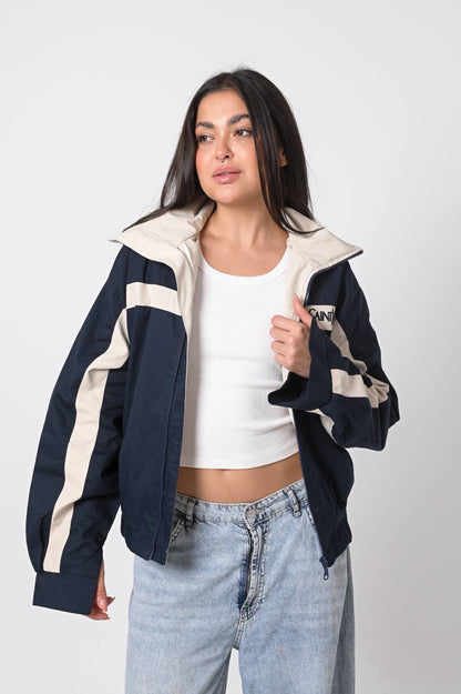 Navy Blue Contrast Stripe Zip-Up Jacket