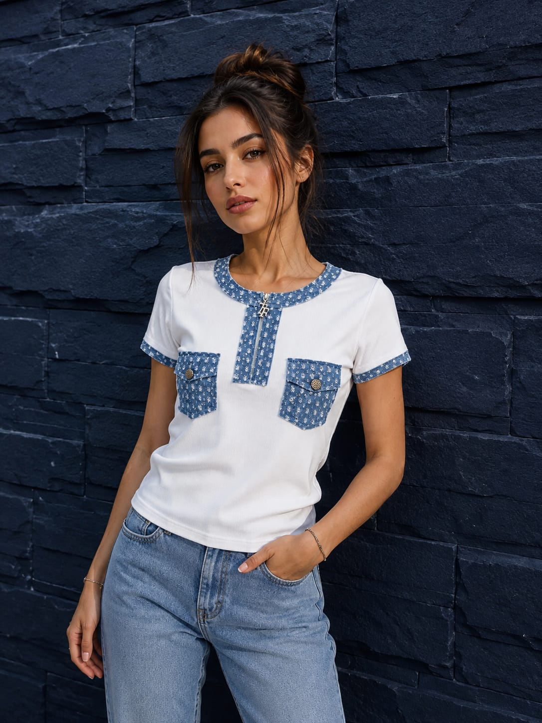 Denim Detail Pocket T-Shirt