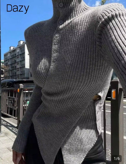 Gray Ribbed Asymmetrical Button-Up Sweater