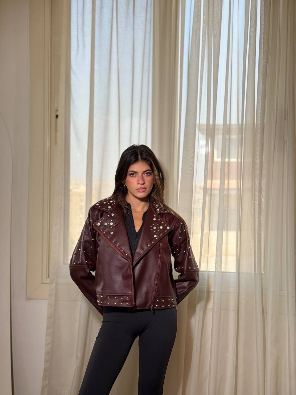 Burgundy sparkling leather jacket one size for all