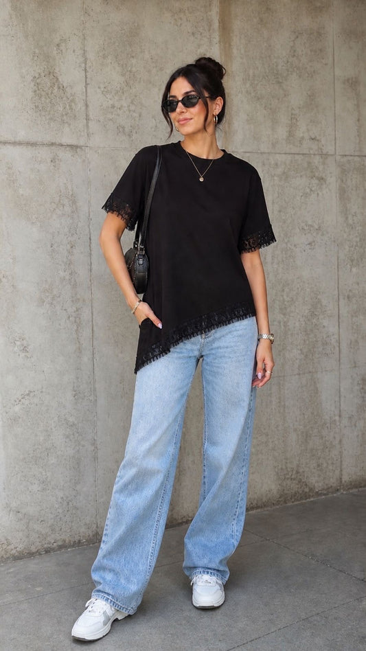 Black Asymmetric Lace Hem Tee