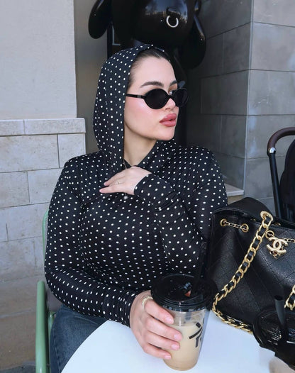 Black Polka Dot Hooded Top