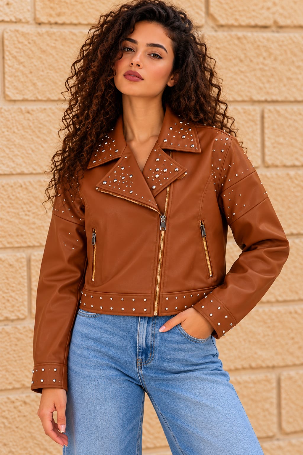 Cognac Brown Studded Leather Jacket