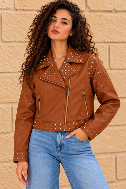 Cognac Brown Studded Leather Jacket