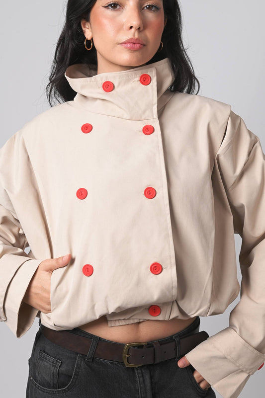 Beige Double-Breasted Bomber Jacket