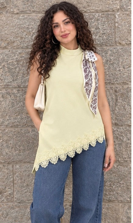 Yellow Guipure Scarf Top