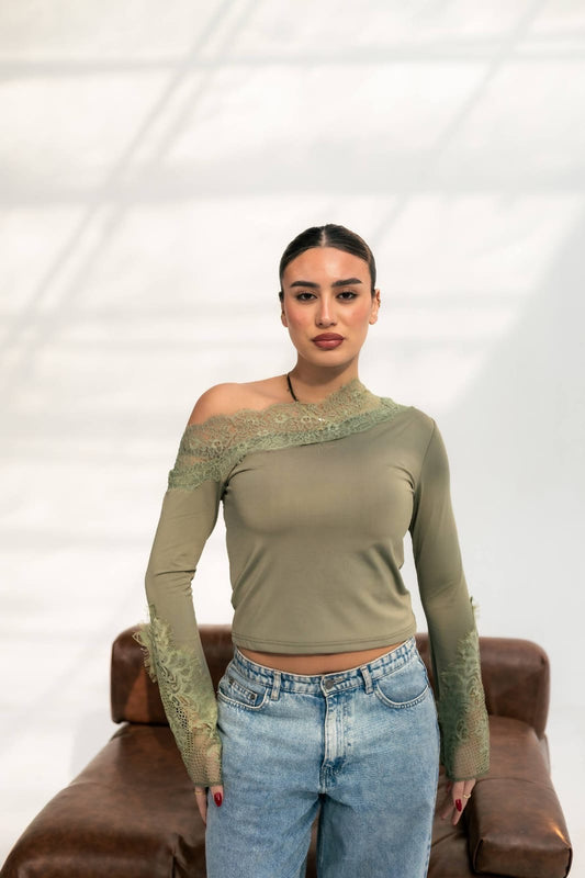 Olive long sleeve off shoulder top