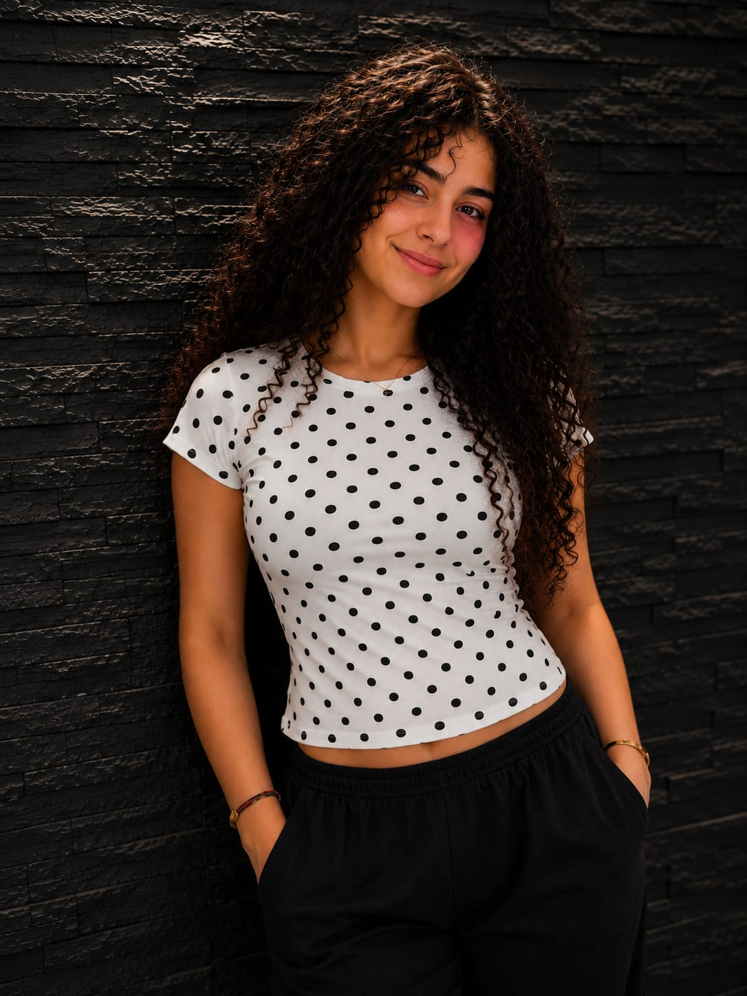 White Polka Dot Cotton Blend Fitted Top