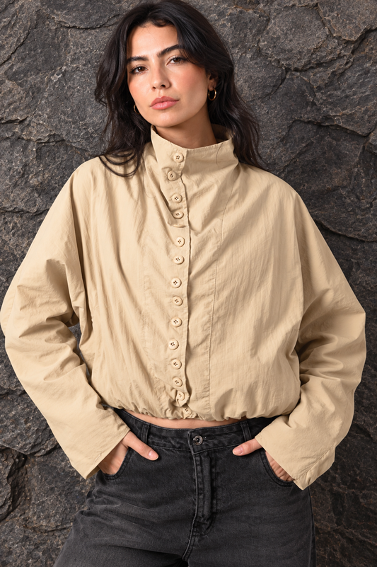 Beige Button-Up Cropped Jacket