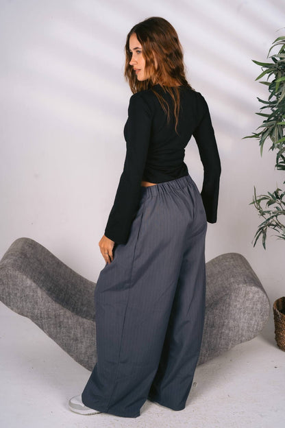 Wide leg grey stripped tailored pants free size 60-80kgs