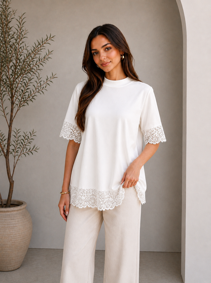 White Lace Panel Open Back T-Shirt