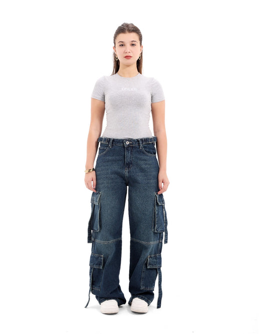 Cargo wide leg dirty blue jeans
