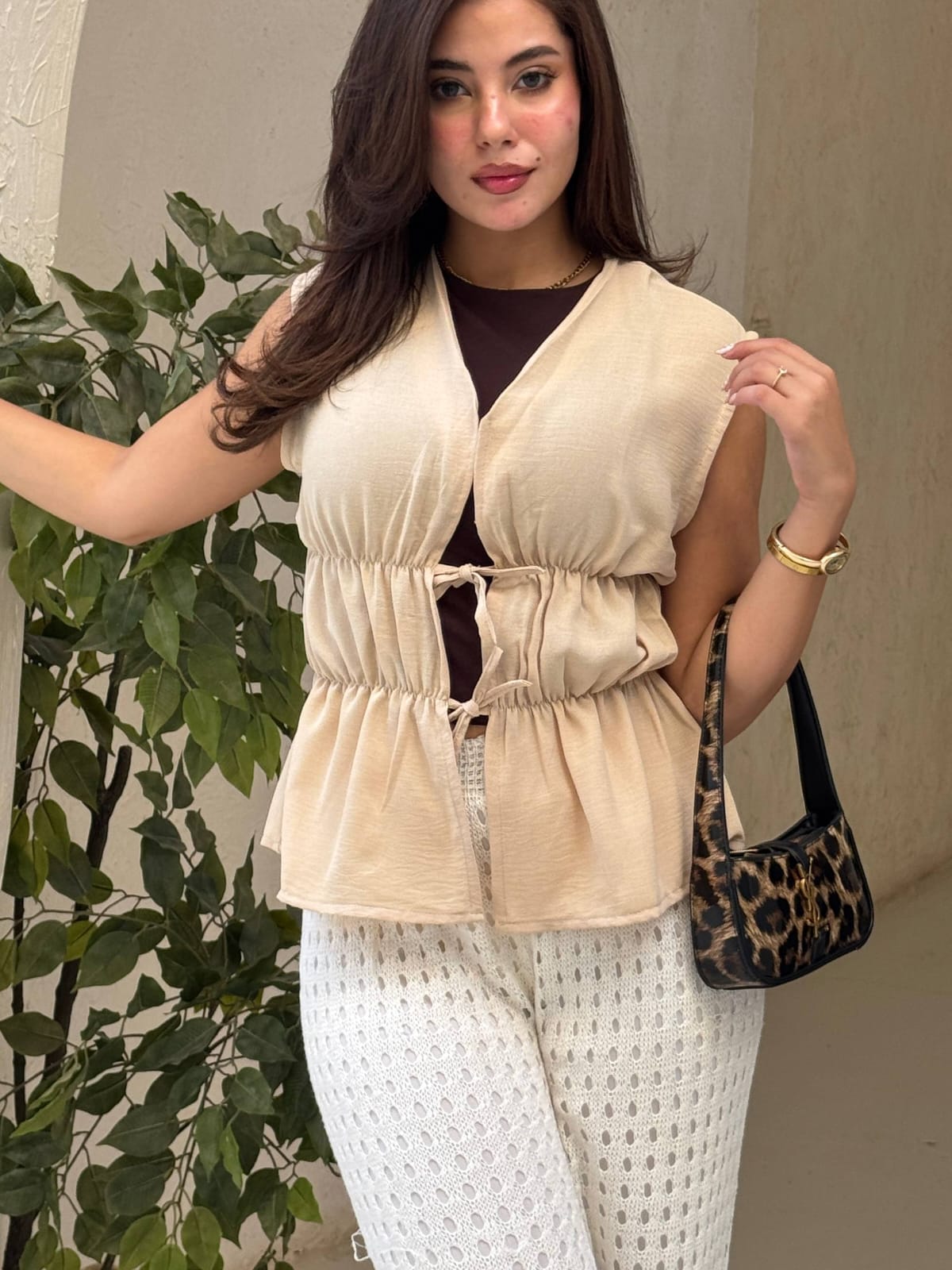 Beige Ruched Tie Front Sleeveless Vest