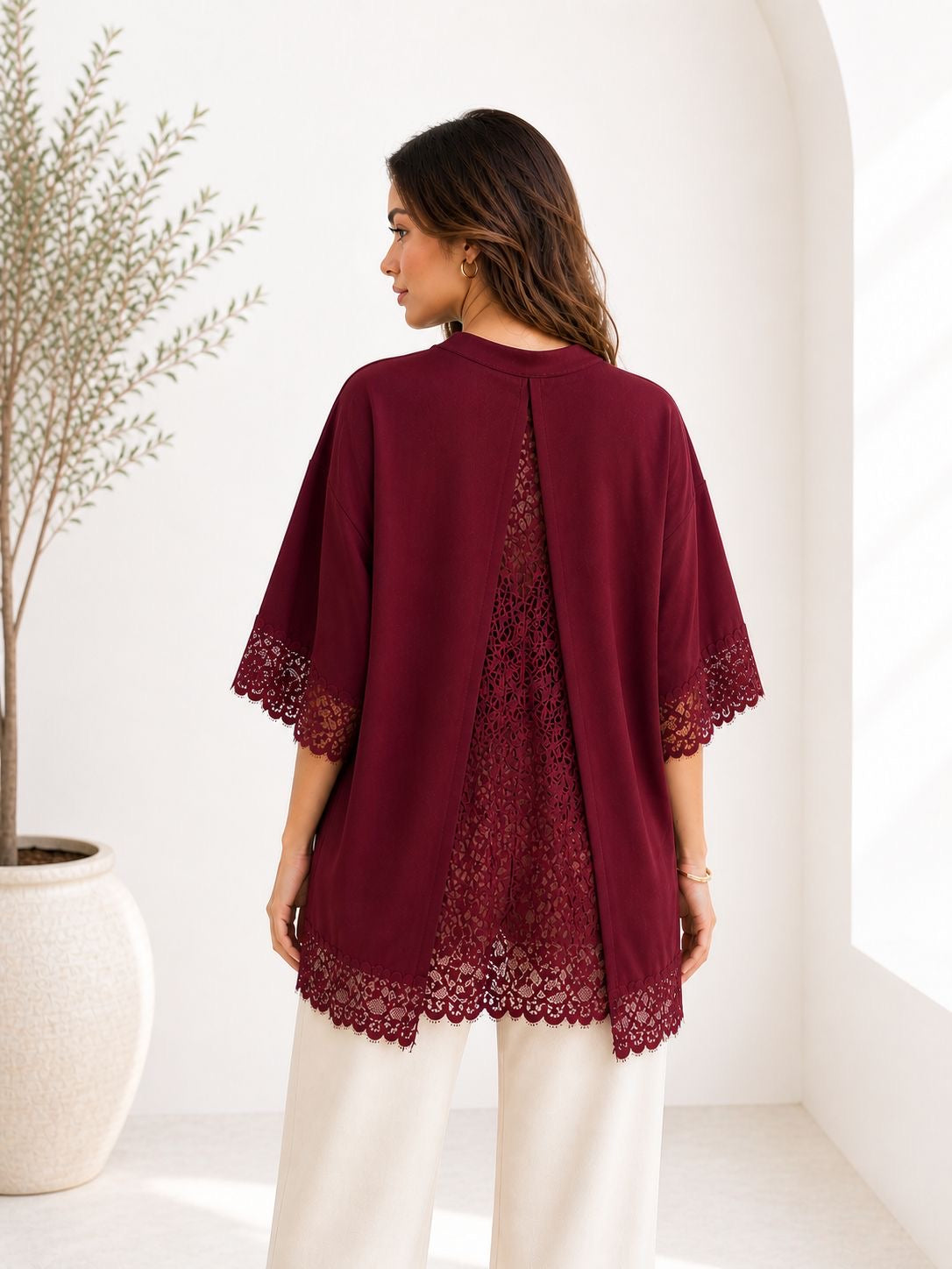 Burgundy Lace Panel Open Back T-Shirt
