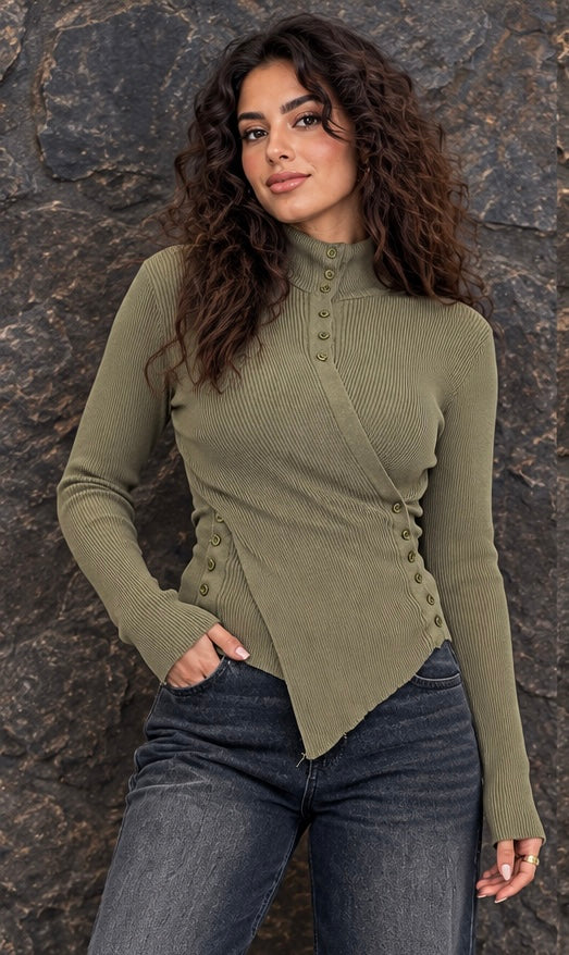 Olive Asymmetrical Ribbed Wrap Top