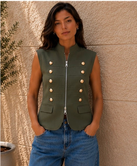 VAVA Olive Gold Button Zip Vest