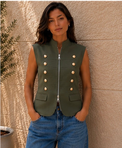 VAVA Olive Gold Button Zip Vest