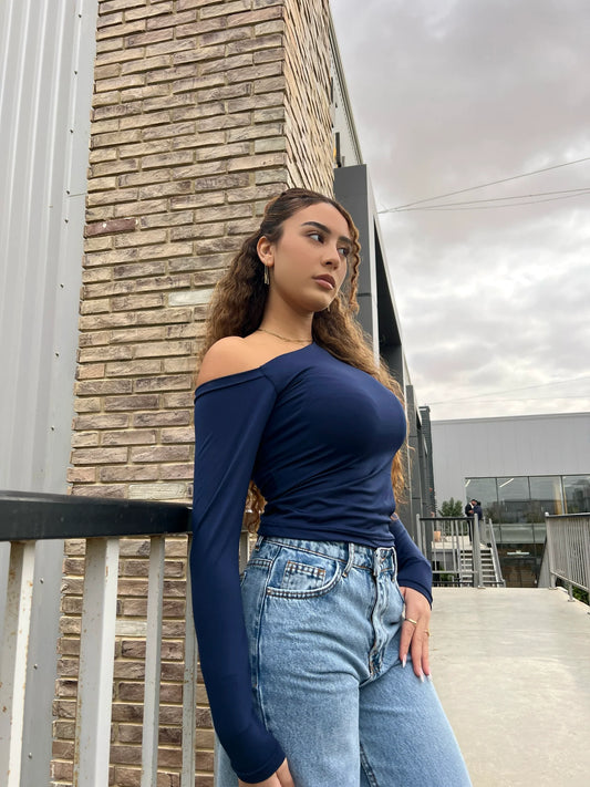 navy blue one shoulder long sleeve basic top