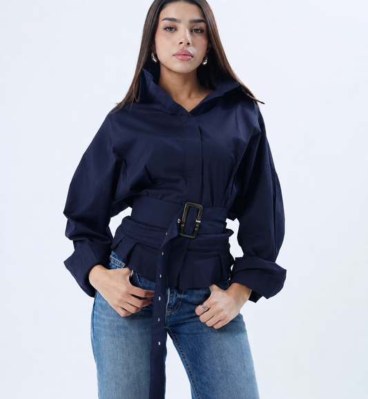 Navy Belted Oversized Shirt