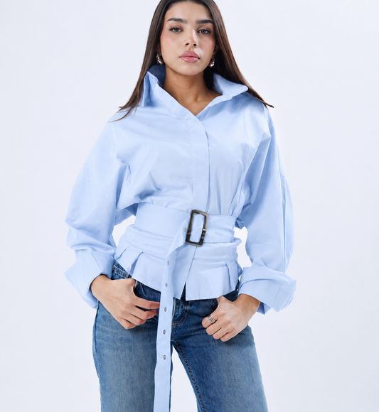 Blue Belted Oversized Shirt