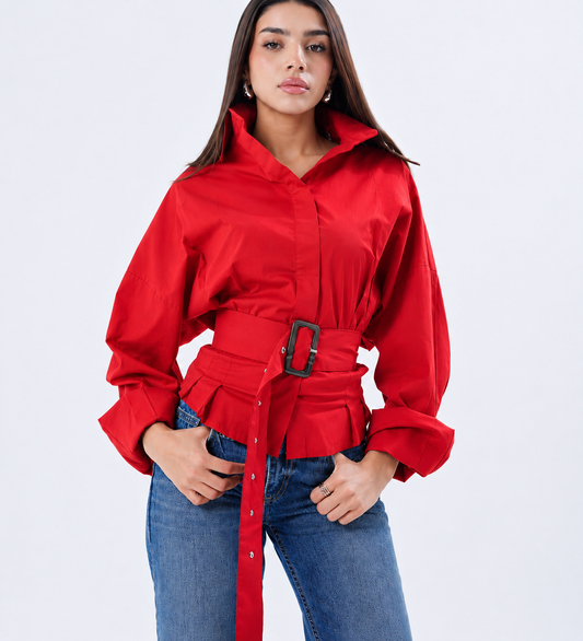 Red Belted Oversized Shirt
