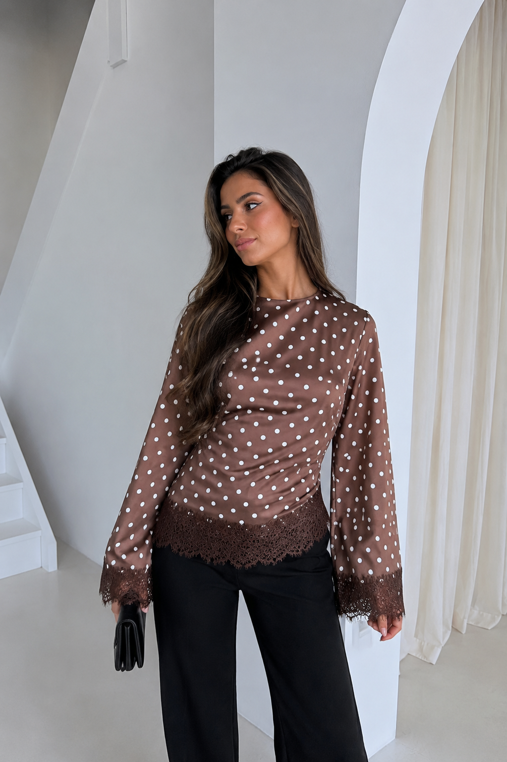 Brown blouse white dot