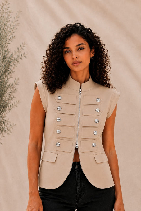 VAVA Beige Gold Button Zip Vest