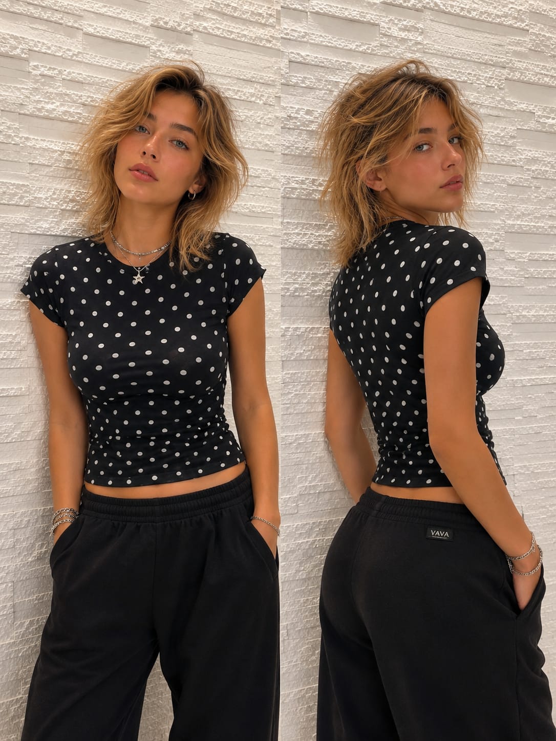 Black Polka Dot Cotton Blend Fitted Top