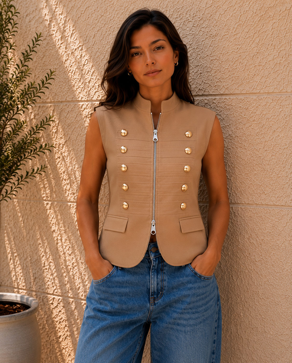 VAVA Beige Gold Button Zip Vest