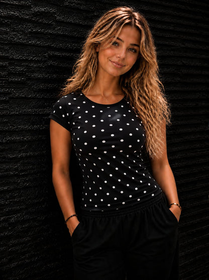 Black Polka Dot Cotton Blend Fitted Top