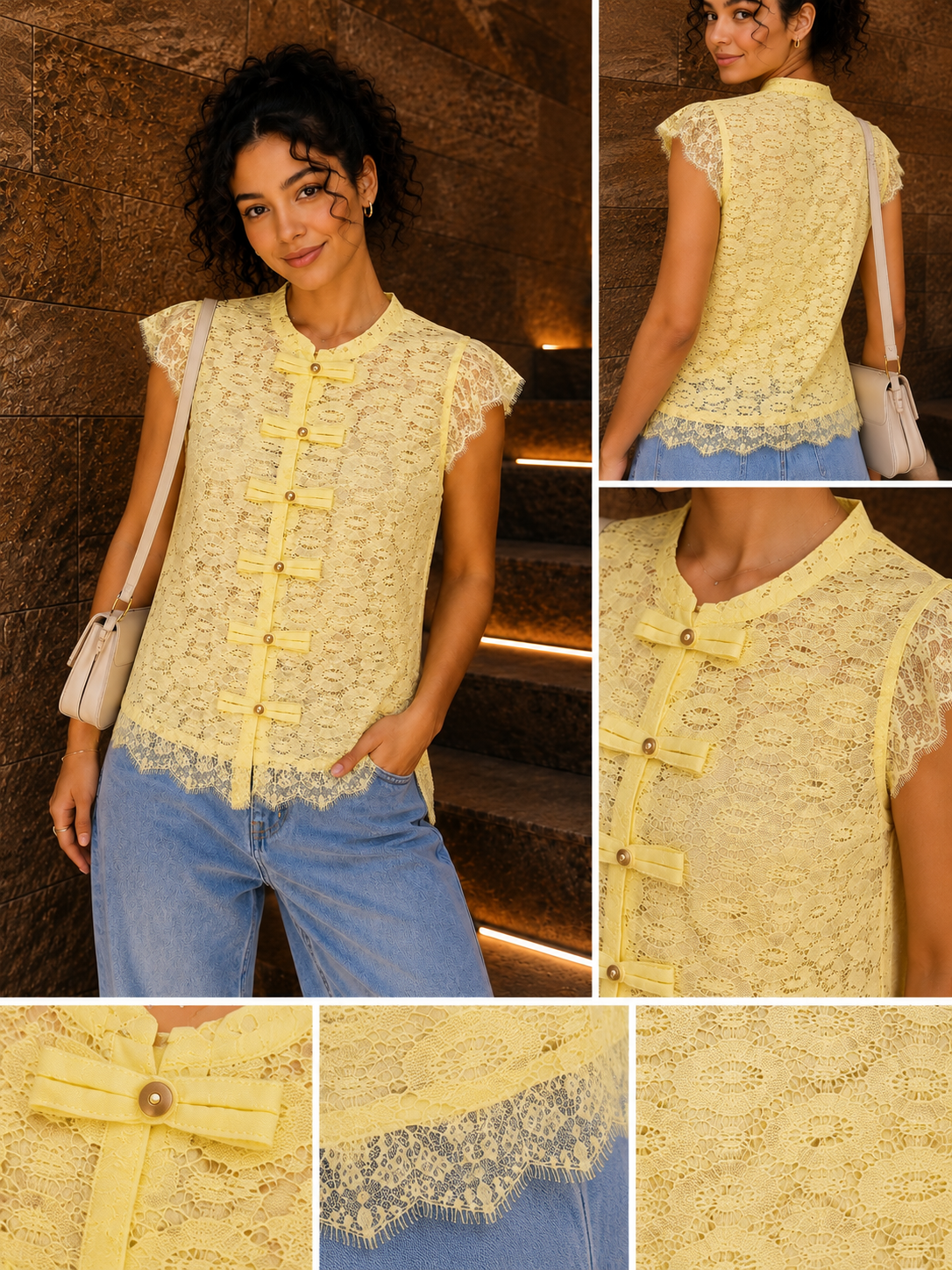 Yellow Blush Lace Bow Blouse