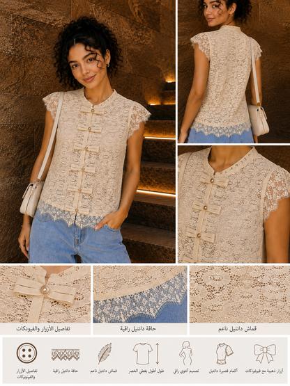 Beige Blush Lace Bow Blouse