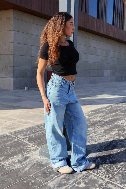 blue wide leg denim with turn up hems