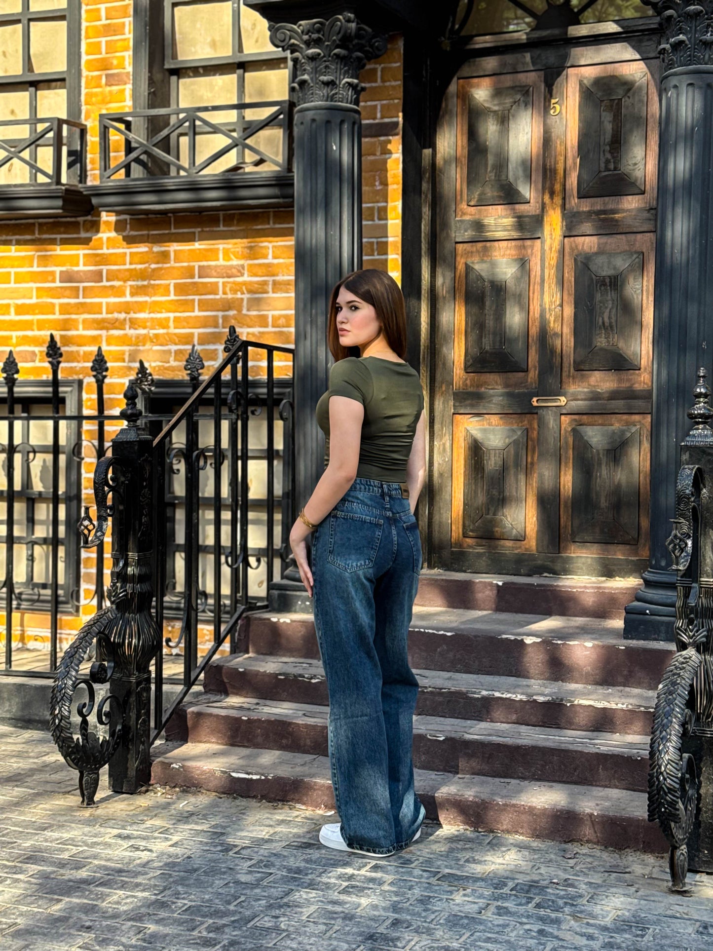 straight leg blue green pants