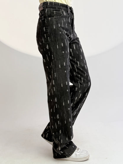 black laser cut straight pants