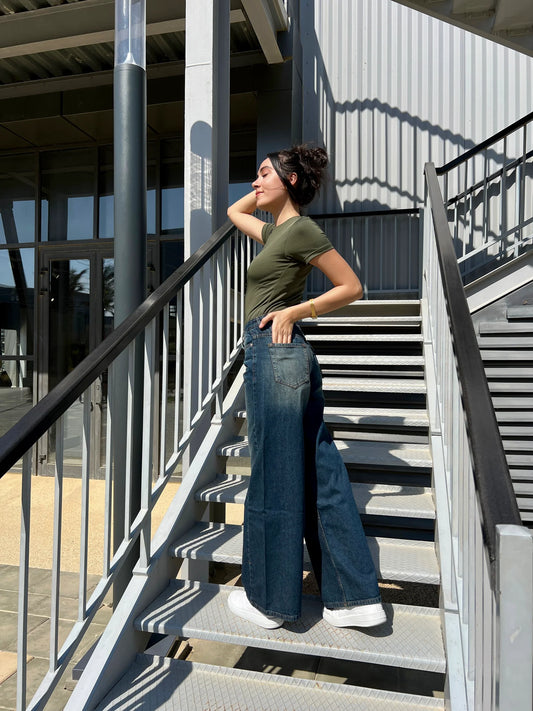 dark blue mid rise wide leg denim