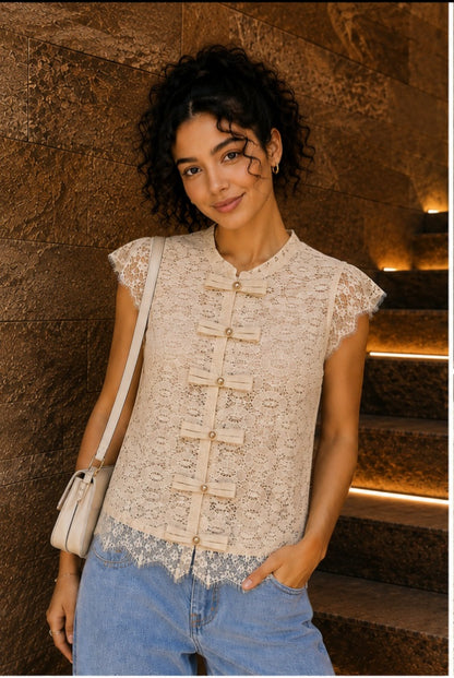 Beige Blush Lace Bow Blouse